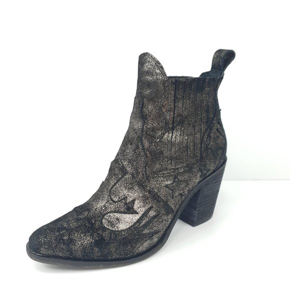 Wittner Wasson Suede Cowboy Boot Black Gold Sparkle Star Block Heel Size 37 - Picture 2 of 13